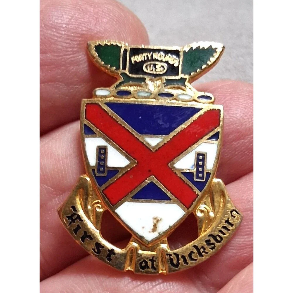 Vintage US Army First At Vicksburg Crest Pin N.S. Meyer Brass Enamel USA